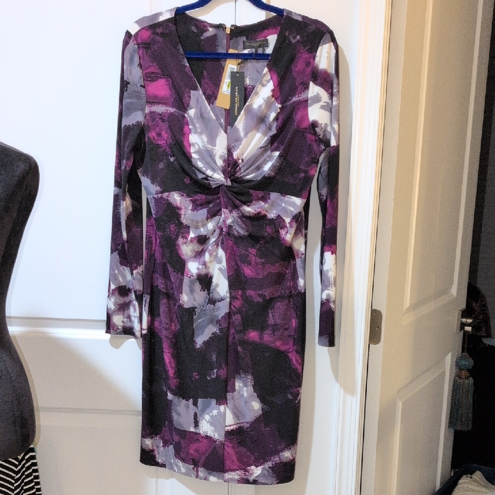 NWT Donna Karan Long-Sleeve Twist-Front Abstract Print Dress in Purple and Gray